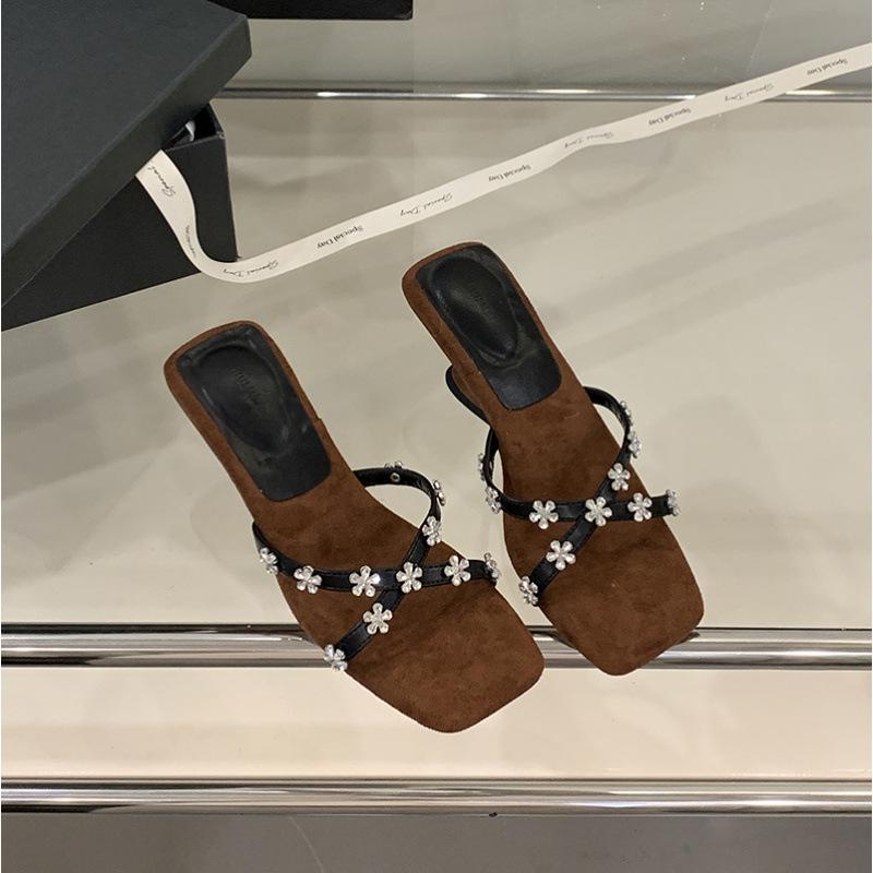 2025 Spring and Autumn New Fashion Versatile Special-shaped Slope Heel Cool Slippers Women's Summer Wear Half-drag Rhinestone High Heels