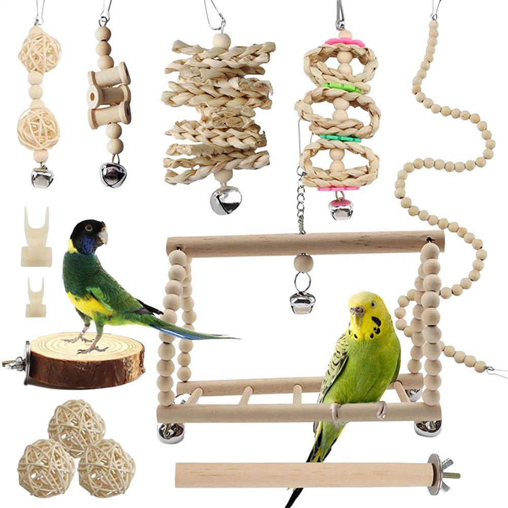 

13 Pack Bird Toys Solid Wood Toys For Parrots Natural Wood Swing And Perch Toys For Bird Cage Bird Cage Bite Climb Toys