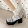 Spring Mary Jane Single Shoes Round Head Shallow Bow Rivets A Line with Waterproof Platform Anti-slip Wear-resistant High Heels