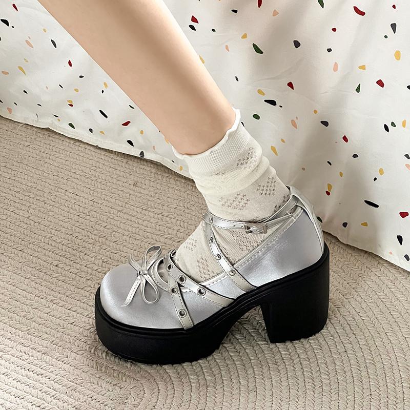 Spring Mary Jane Single Shoes Round Head Shallow Bow Rivets A Line with Waterproof Platform Anti-slip Wear-resistant High Heels