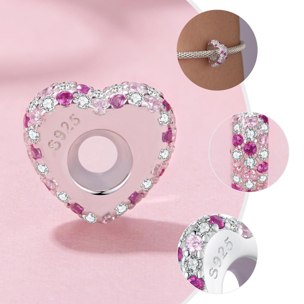 WOSTU Real 925 Silver Pink Heart Charms Clips Spacer Bead Opal Pendant Fit Bracelet Jewelry Make DIY Valentine Gift For Lover