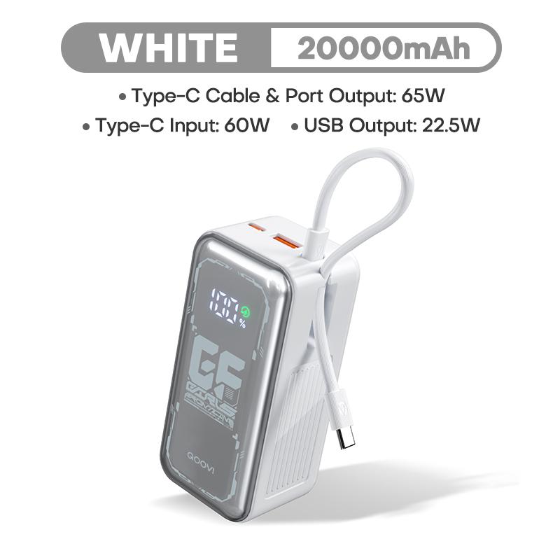 

QOOVI 20000 мАч Power Bank PD 65 Вт Быстрая зарядка Встроенный кабель Внешний аккумулятор большой емкости Портативное зарядное устройство для iPhone Samsung Xiaomi белый