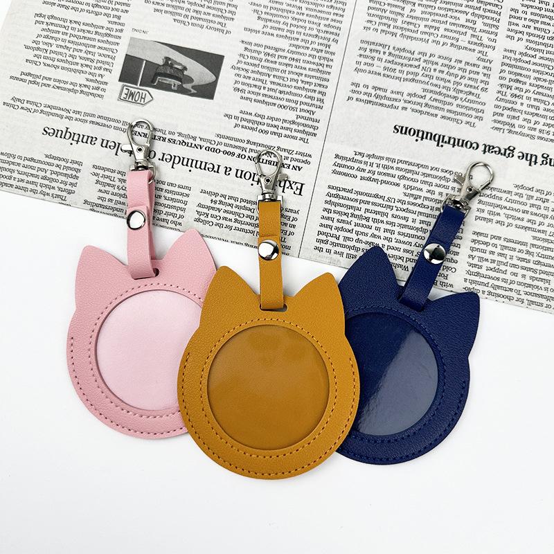 PU Leather Card Holder Cat Ear Design Cute Round Badge Reel For Work Office Travel Luggage Keychain Pendant