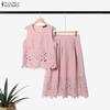 Women Sleeveless Lace Crochet Tank Tops and Long Skirts Casual Two Piece Suit Sets