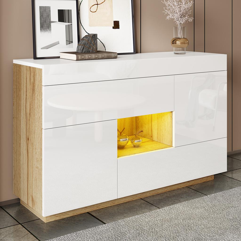 Sideboard, High-Gloss Sideboard, Display Cabinet, with Color-Changing LED Lighting, with Drawers