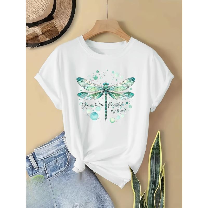 European Size Short-Sleeved T-Shirt with a Pure Dragonfly Pattern Print