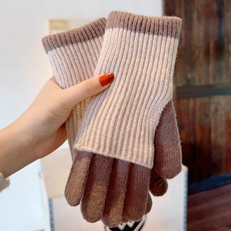 Autumn and Winter Long and Short Dual-purpose Color Matching Knitted Gloves Wool Can Touch The Screen To Play Mobile Phone Warm Riding Gloves