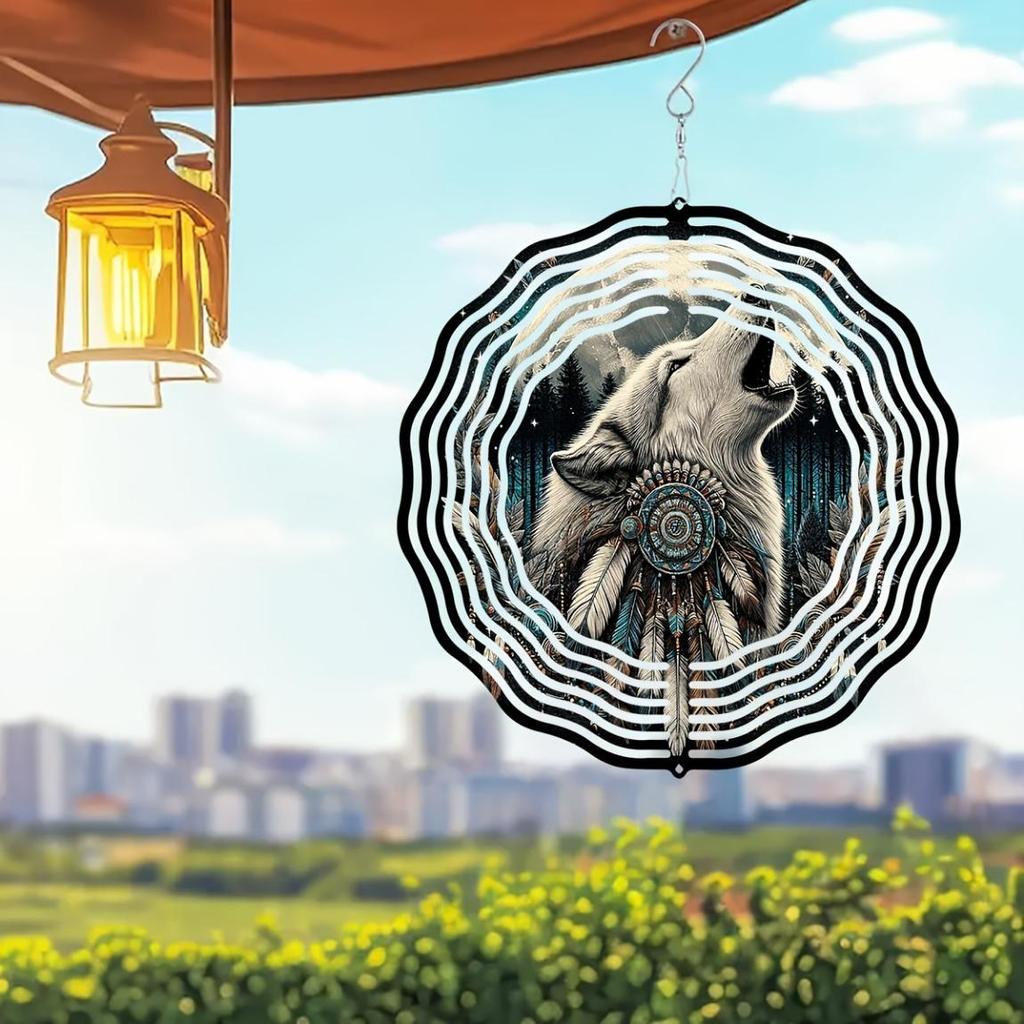 Howling Wolf Wind Spinner 10 Inch 2D Laser Cut Metal Art Decor 360 Rotating Hook for Outdoor Indoor Garden Yard Rustic Home Gift