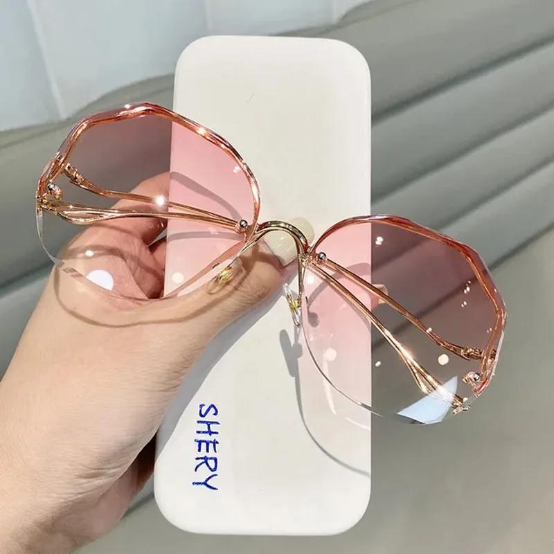 Rimless Sunglasses Polygon Stylish Popular Women Men Shades Big Frame Round Shape Sun Glasses for Female Oculos Gradient Sunglasses