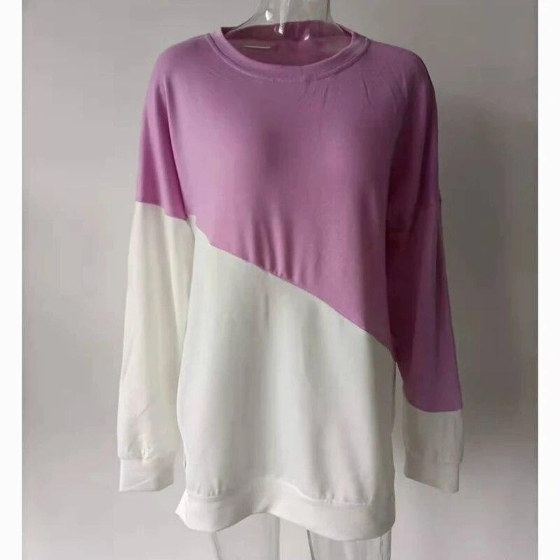 

Осенняя свободная футболка с длинным рукавом и круглым вырезом, женская лоскутная цветная повседневная футболка, топ, женские однотонные офисные женские элегантные футболки 30716 XXL фиолетовый