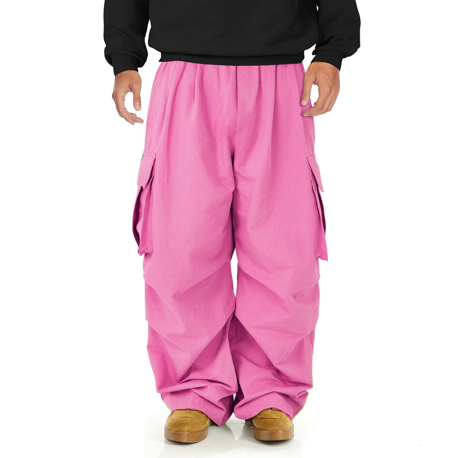 

Men s Baggy Cargo Pants Wide Casual Parachute Pants Jogger Drawstring Hiking Hip Hop Pants With Pocket XL рожевий