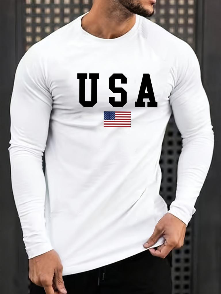 Men's Spring and Autumn Comfortable Casual American Flag Pattern Printed Round Neck Long Sleeve T-shirt Top