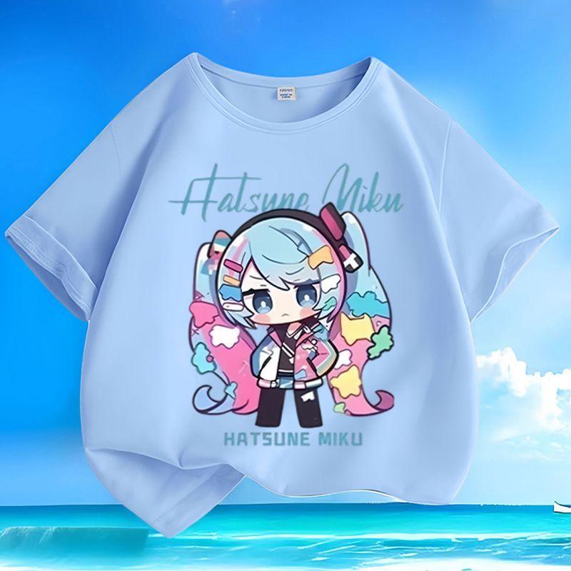 Newly Designed Printed Q-version Cute Hatsune Miku Boy-girl Children's Summer Pure Cotton Loose Casual Short-sleeved Shirt