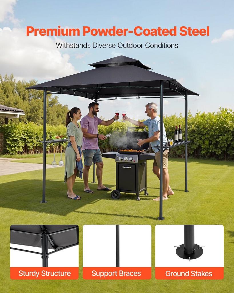 Grill Gazebo, 2.43 x 1.5 m Outdoor BBQ Gazebo with Double-Tiered Roof, Powder-Coated Steel Patio Grill Shelter with 2 Side Shelves & 8 Hooks, Grilling