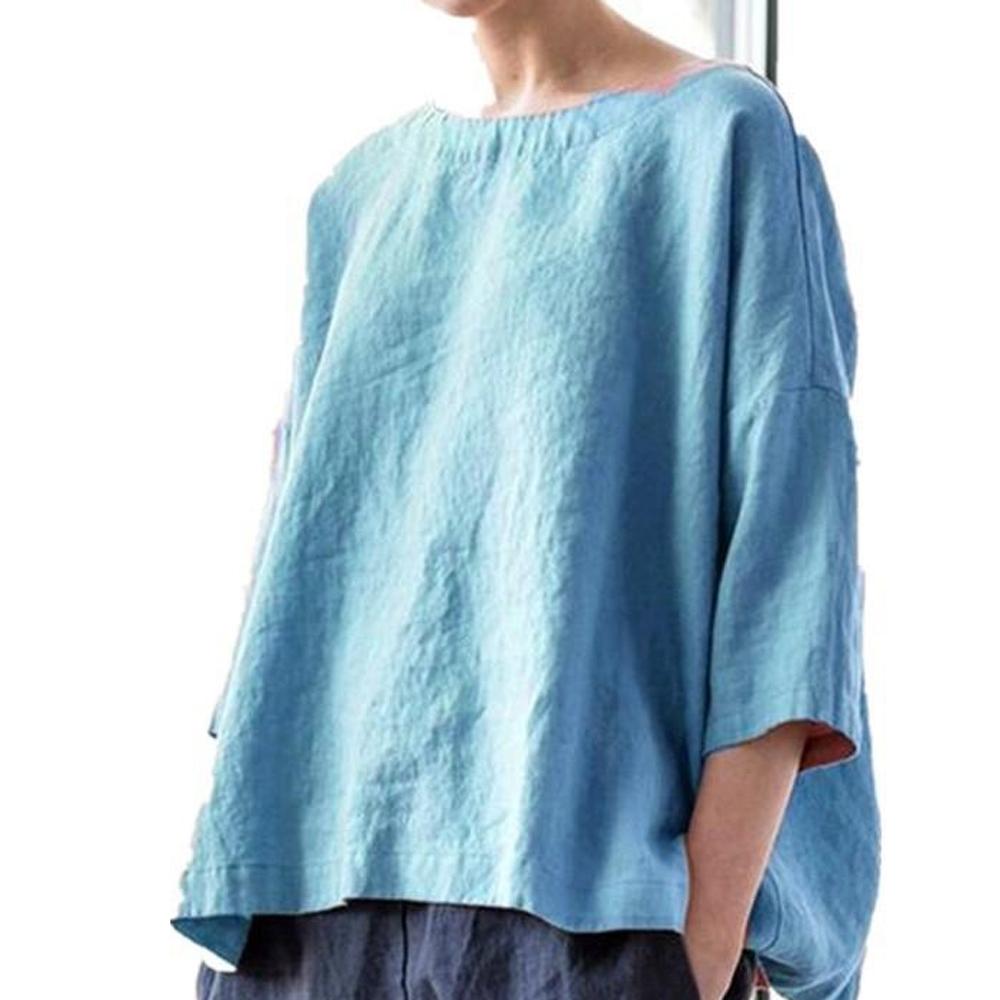Summer Women Cotton Linen Blouse Tops Female O-Neck Solid Color Vintage Beachwear Holiday Blouse Shirts