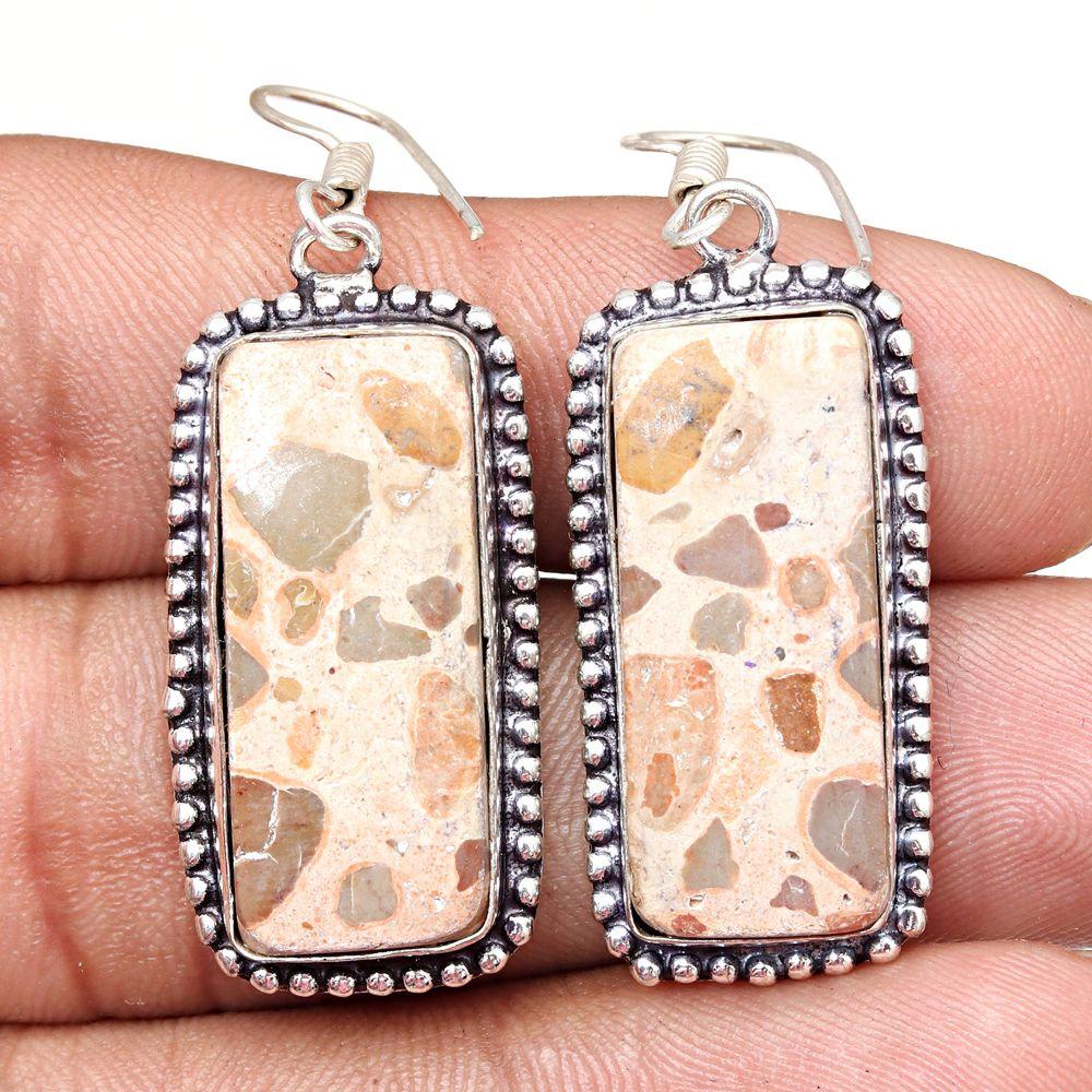 Jaspe Œil d'Oiseau Pierre Précieuse Fait Main Bijoux en Argent Boucles d'Oreilles 1,5''