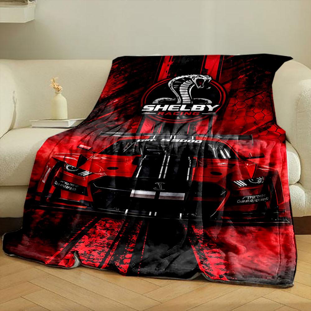 A bold red racing theme with a Shelby Cobra logo and a GT500 car. for all seasons blanket lunch break throw gift