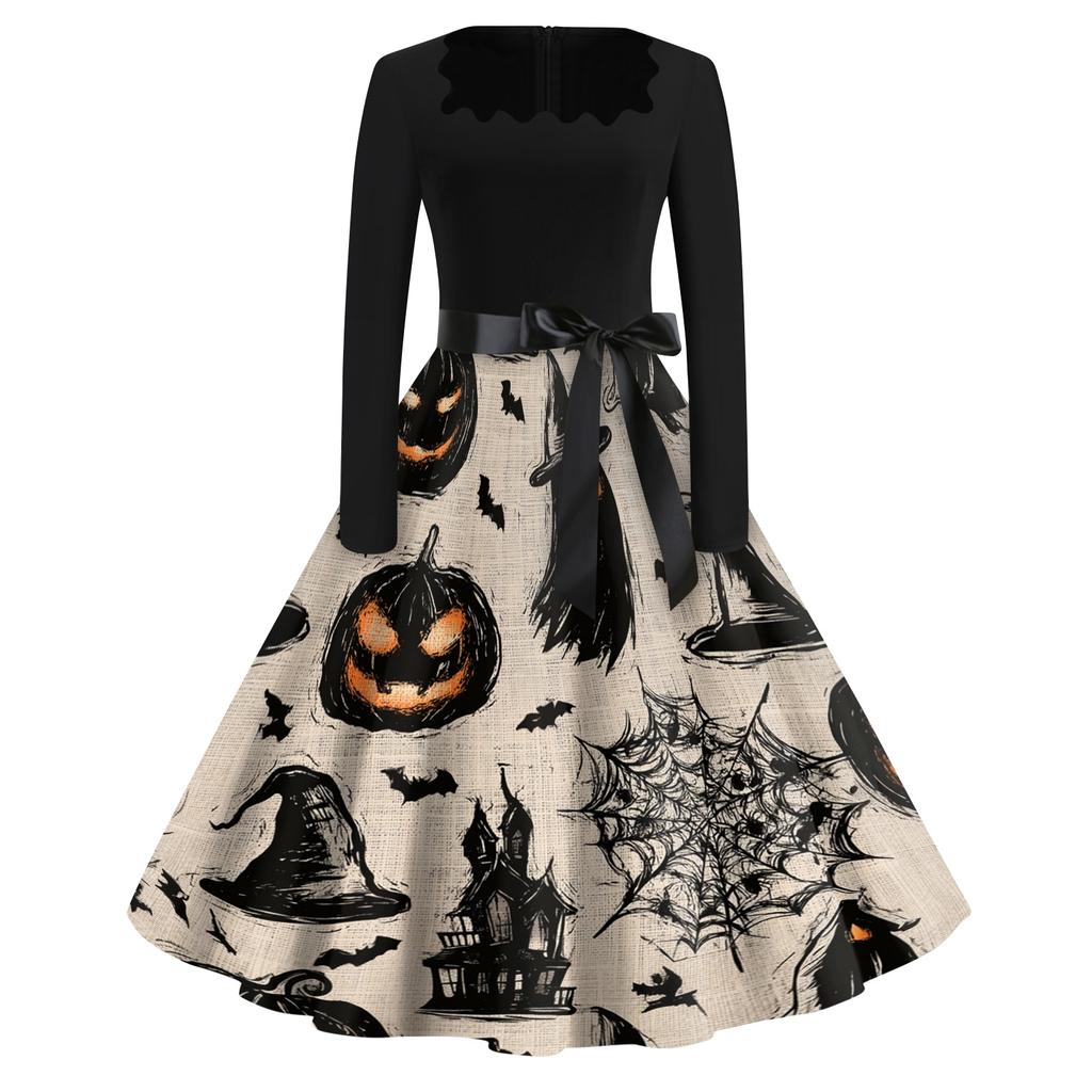 Women's Square Neck Retro Dress with Halloween Print for Casual Parties and Festive Occasions