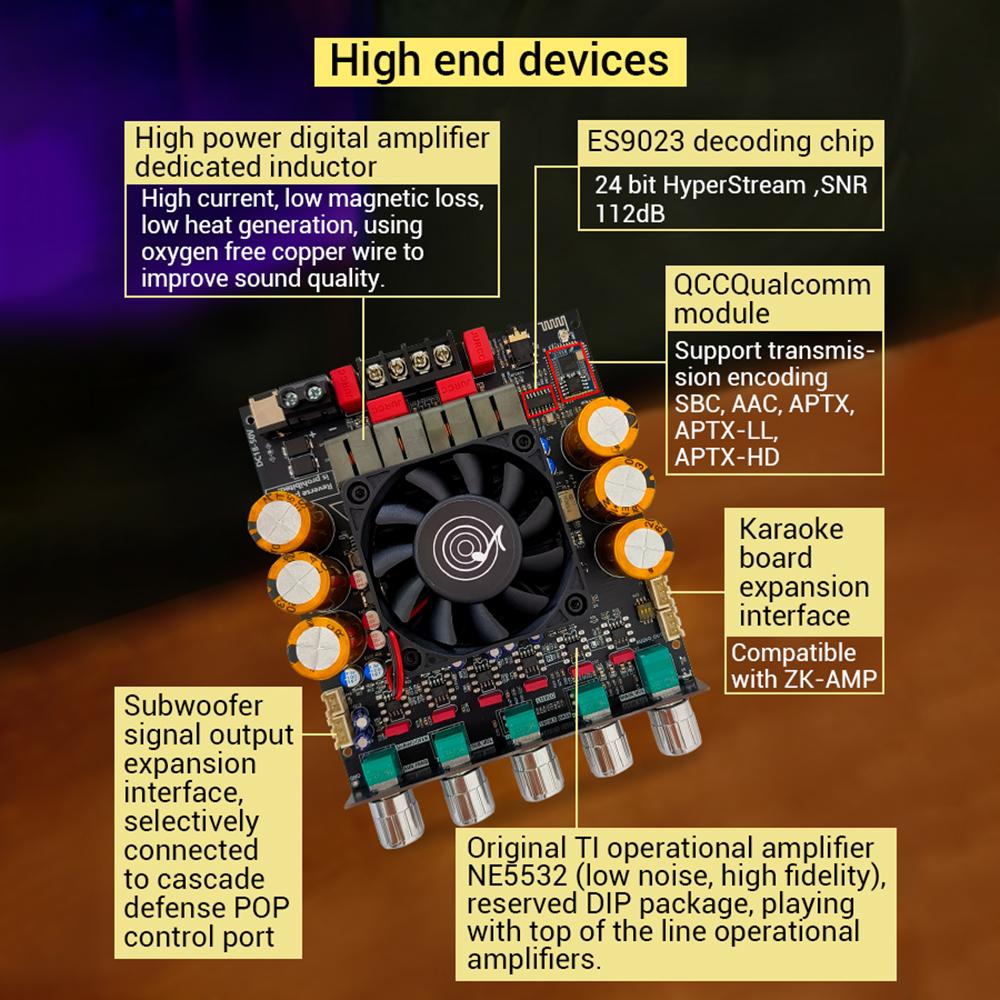DC 18-50V ZK-SUB1200Q Qualcomm APTX Version Qcc3034+Es9023 With Subwoofer Extension BT Digital Amplifier Board 600W * 2