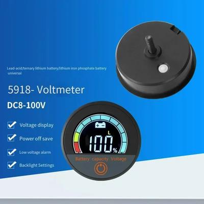 Battery Capacity Voltage Meter Circular Energy Meter 8-100V Two Wire DC Clear LCD Display Voltmeter Handlebar Installation Kit