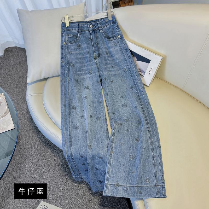 American retro blue gypsy hot diamond jeans women's summer new small high-waisted thin straight pants