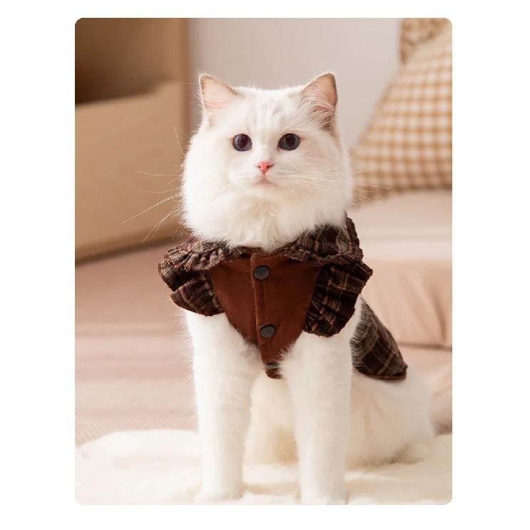 Pet Brown Plaid Dress  Autumn Winter Hoodie Cat Teddy Jacket Dog Dresses Puppy Clothes Draw Comfortable Warm Pet Bow Skirt
