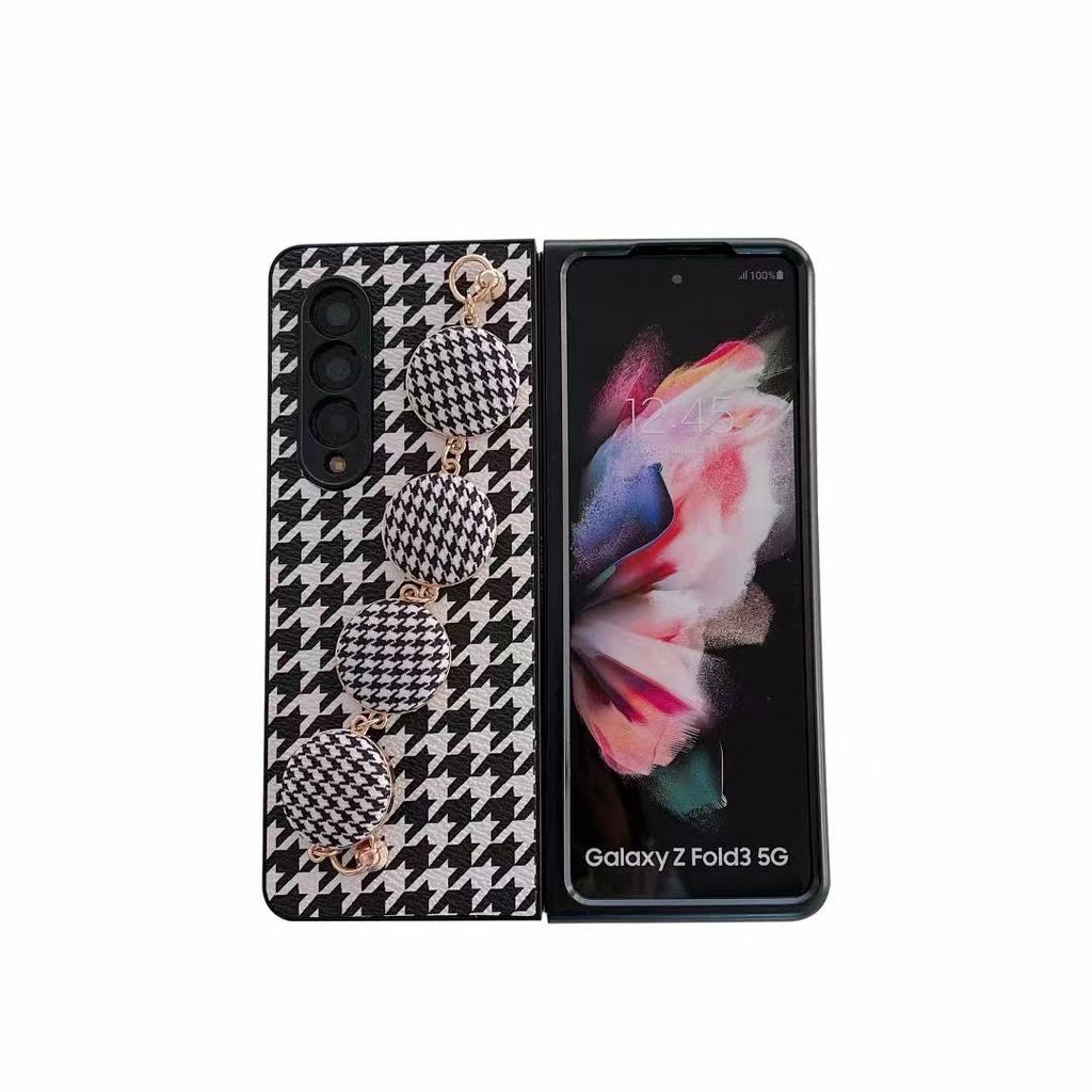 Applicable to Samsung ZFold3 plaid bracelet folding protective case zflip3 portable anti-drop leather case zflip4