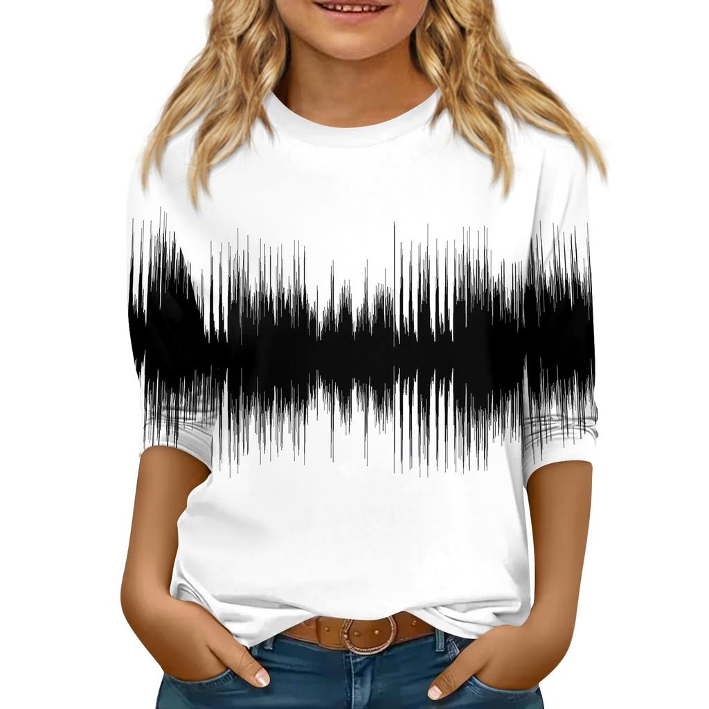 Children's 3/4 Sleeve Tops Casual  Print T Shirt Round Neck Pullover Blouse