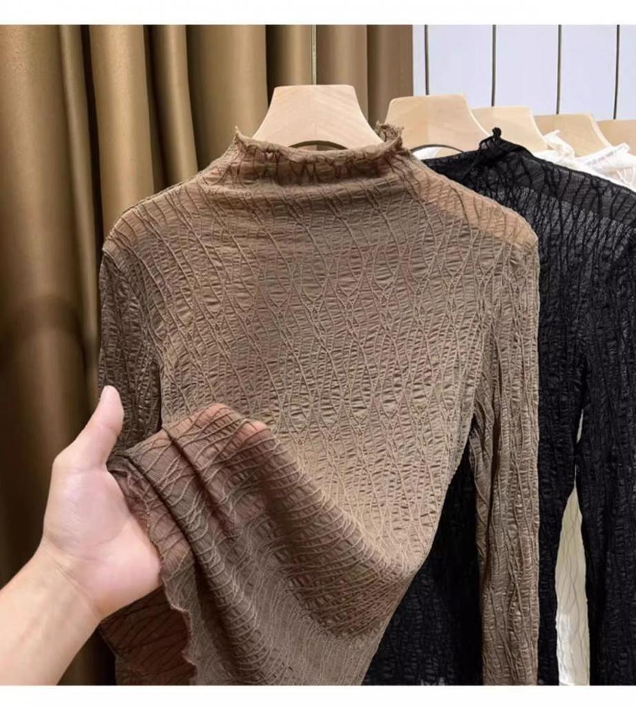 Jesienna damska koronkowa bluzka z wysokim dekoltem, prześwitująca