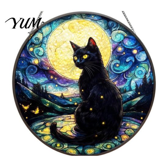 Unique Birthday Gift for Her Halloween Moon Black Cat Suncatcher Jigsaw Puzzle, 2D Acrylic Mystical Feline Window Hanging Tiffany Style Light