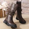 Plus Size Punk Platform Mid Calf Boots Women 2024 Side Zipper Pleated Pu Leather Boots Woman Thick Sole Brown Botas Mujer 43