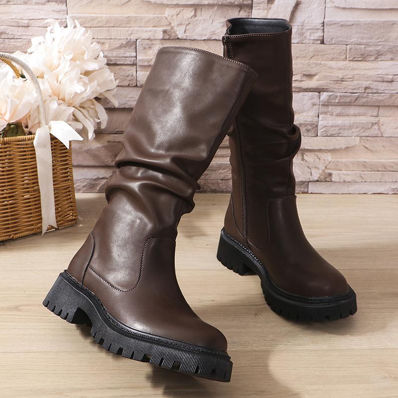 Plus Size Punk Platform Mid Calf Boots Women 2024 Side Zipper Pleated Pu Leather Boots Woman Thick Sole Brown Botas Mujer 43