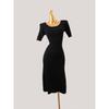 Summer Ice Silk Backless Slim Fit Short Sleeve Dress Rib Black Fashion Knitted A- Line Skirt Women
