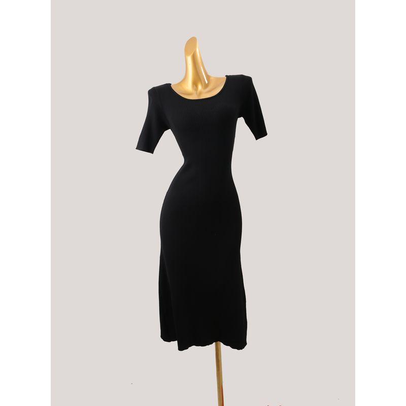 

Summer Ice Silk Backless Slim fit Short sleeve Dress Rib Black Fashion Knitted A- line Skirt Women Black All yards