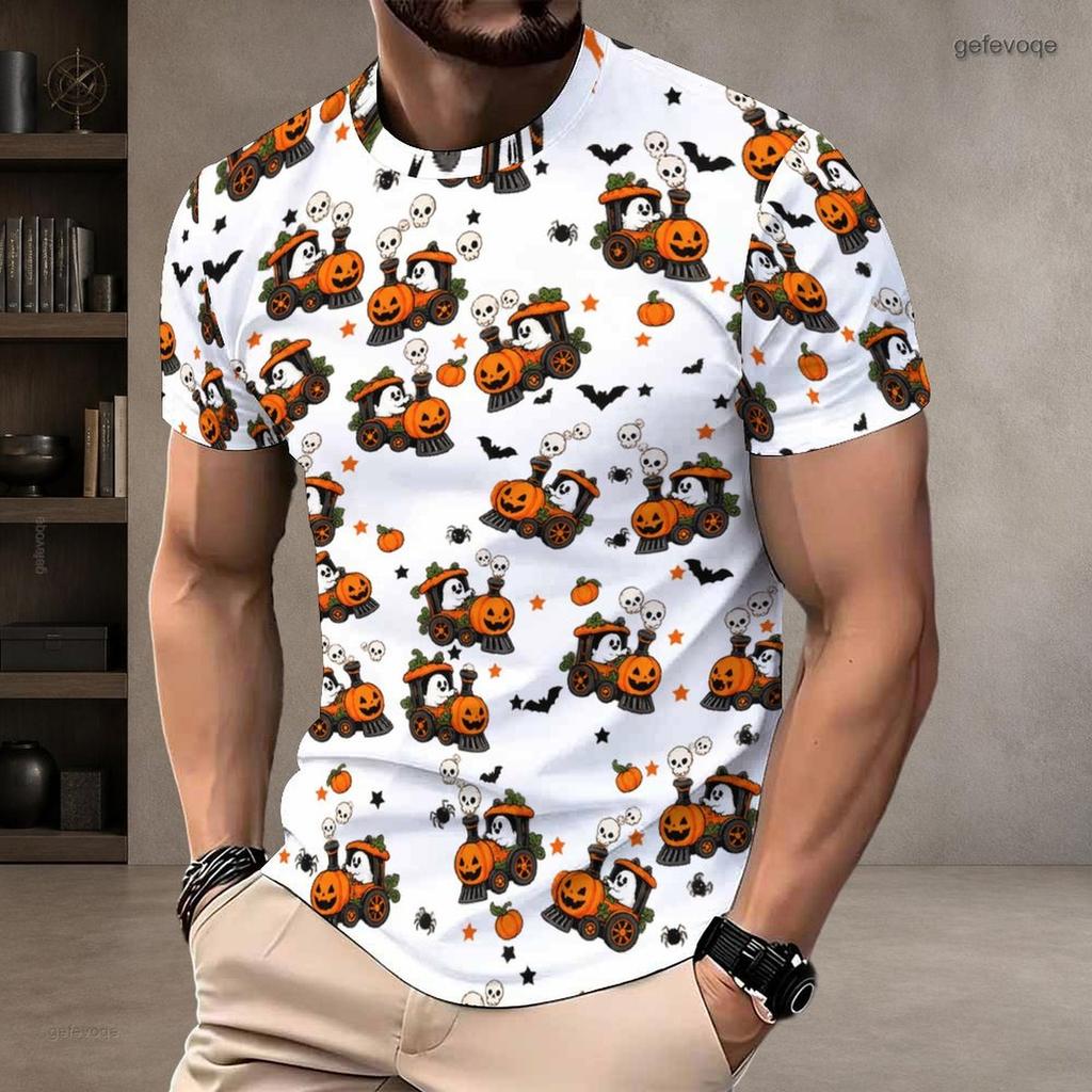 Men Plus Size Round Neck Short Sleeve T Shirt Halloween Ghost Bat Printed White Straight Hem Pullover