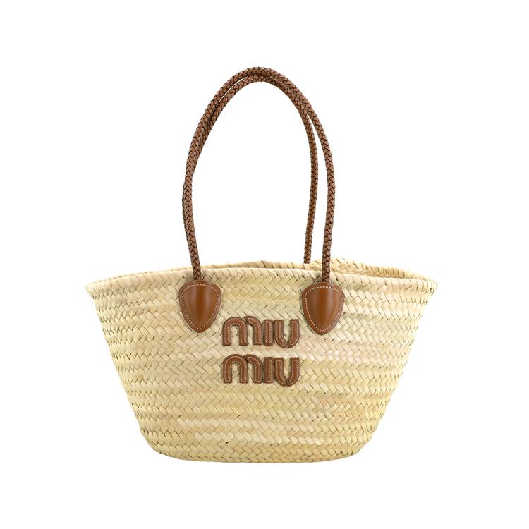 MIU MIU Geantă de plajă din paie cu logo țesut Geantă tote pentru femei Cognac Natural 5BG206-2DDH-F0A5T-V-SLO