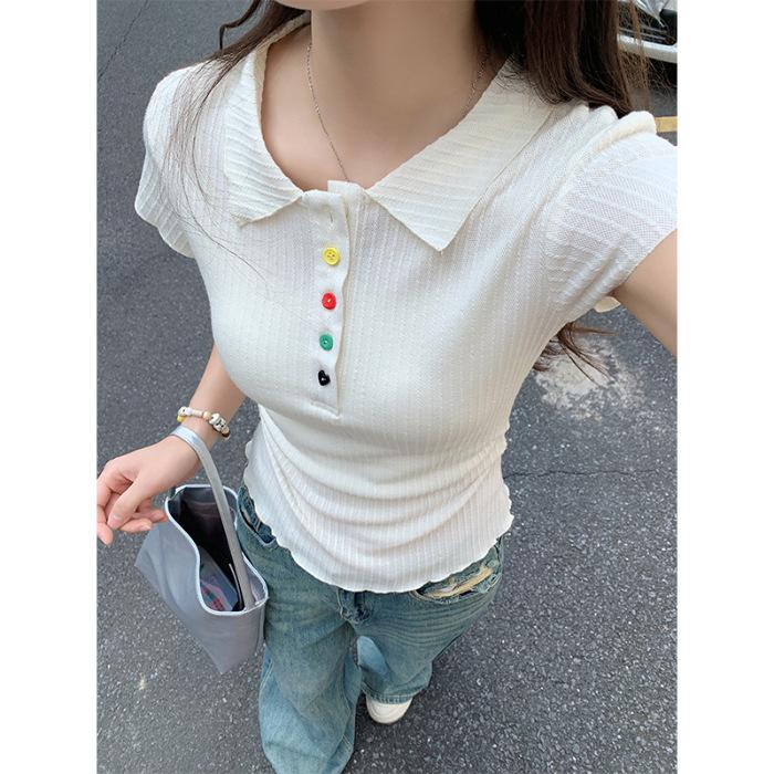 

Niche Premium Sense Polo Lapel Button Shoulder Short Sleeve T-Shirt Women S абрикосовый света