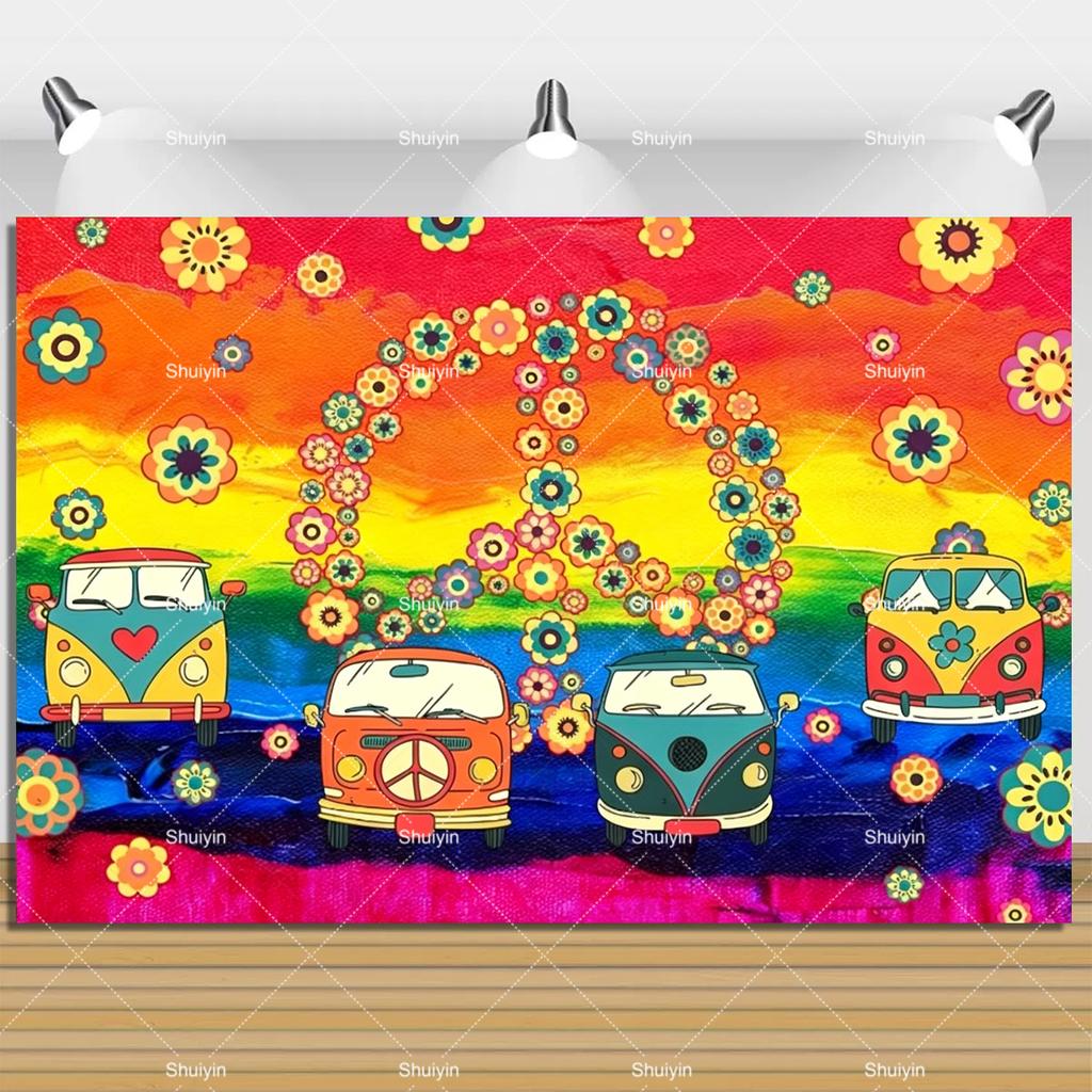 Colorful Peace Love Retro Hippie Bus Dyed Backdrop Kids Birthday Party Decorations Bohemian Style Guitar Floral Photography Prop