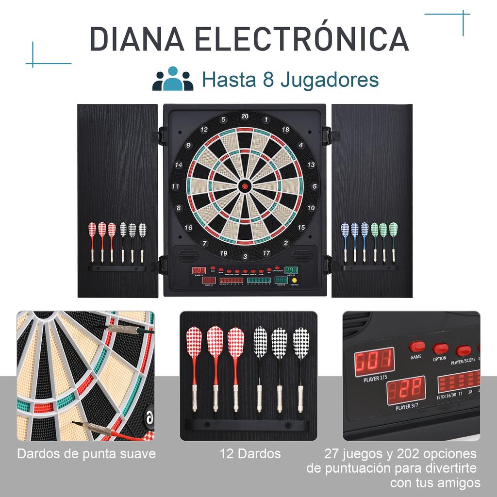 Dartboard, Electronic Digital, 12 Darts, LED, 27 Games, 51 x 6.5 x 57 cm, Black