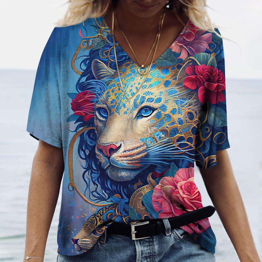 2025 New Fashion Women's Short Sleeved T-shirt Rest Loose Tee Personalized Printed Summer V-Neck Top