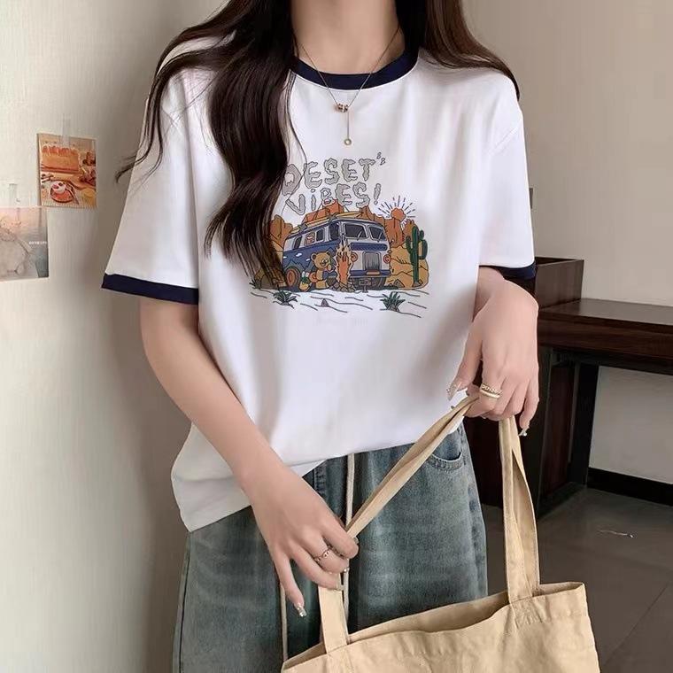 

Контрастный цвет чистый хлопок свободный нишевый футболка с коротким рукавом женская 2025 весна и лето новый дизайн топ нижняя рубашка ns M