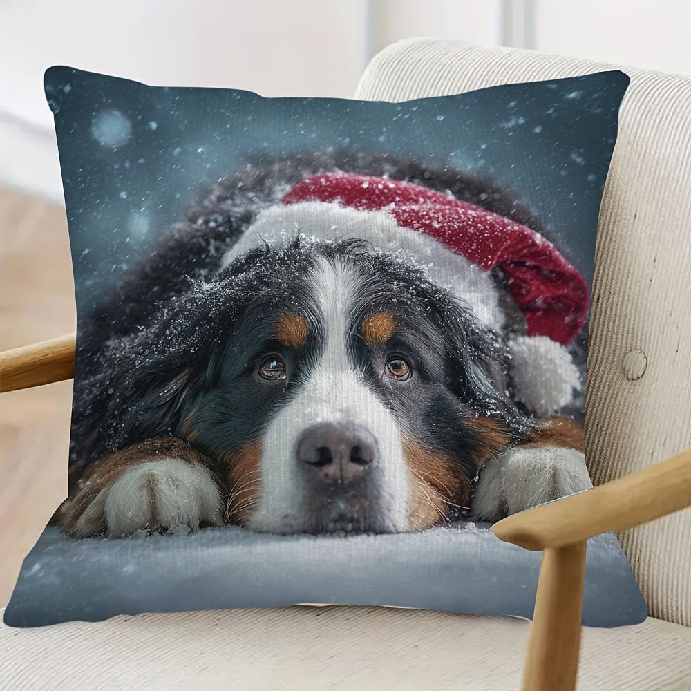 1 ks povlak na polštář s bernským salašnickým psem na Vánoce - plyšový potah na polštář Berner Dog se Santa Clausovou čepicí a sněhovým designem, 18x18 palců, měkký, dekorativní