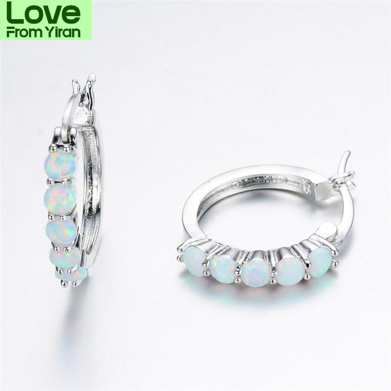 Blaike 925 Sterling Silver Round Hoop Earrings For Women Blue /White Fire Opal Earrings Rainbow Stone Circle Piercing Ear Jewelry
