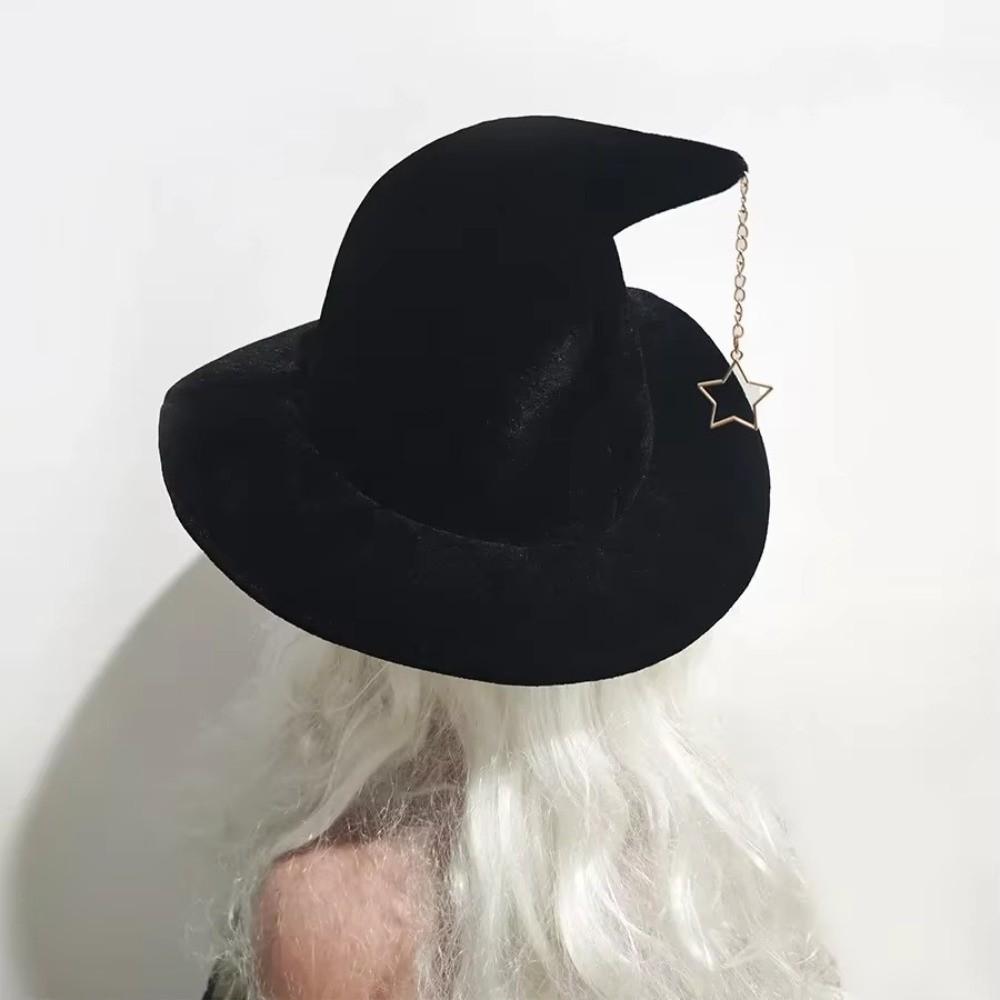 Star Pendant Wool Bucket Hat Solid Color Halloween Hat Vintage Witch Hat Party