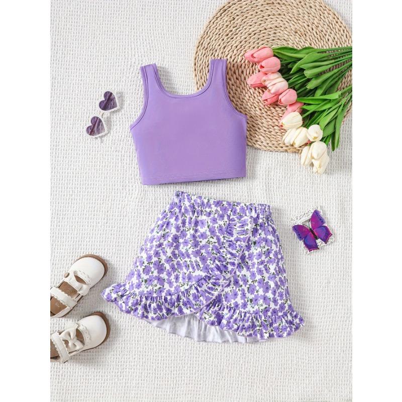 2026 Summer Girls Fashionable Sleeveless Vest Top Ruffled Decoration Casual Skirt Suit