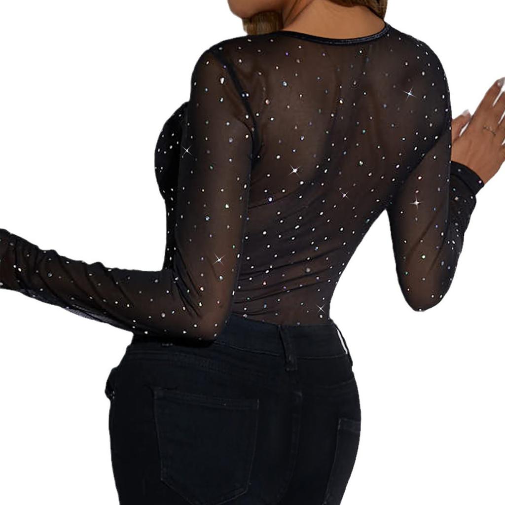 Women Long Sleeve Tops Sexy Bodysuit Y2k Shiny Rhinestone Mesh Corset Overbust Vintage Streetwear Black Red Jumpsuits Romper