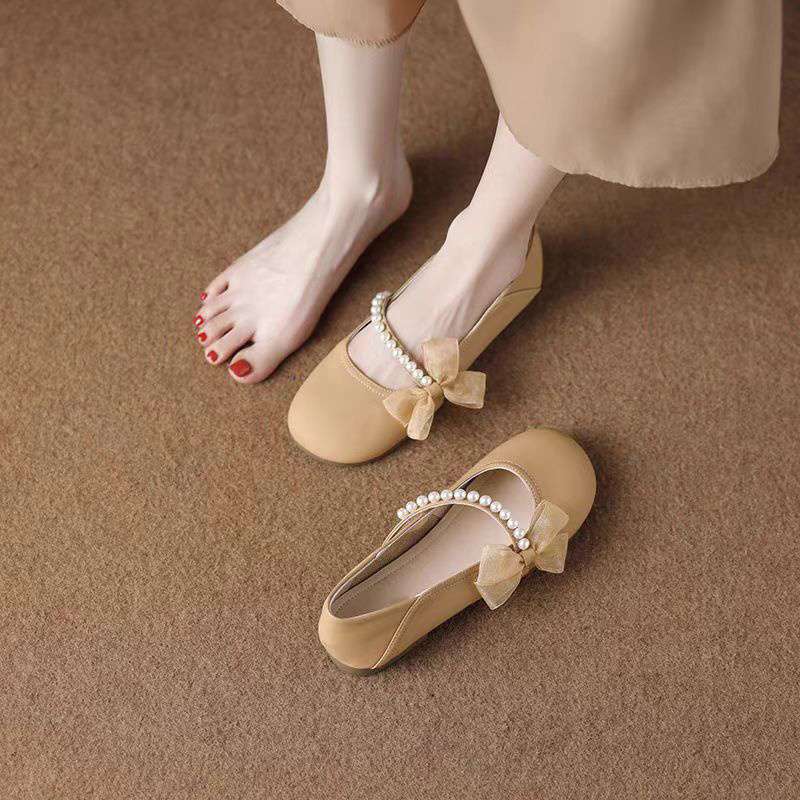 French Mary Jane Pearl Shoes Women's 2025 Summer New Soft-soled Beanie Shoes Evening Evening Breeze Flat Bottom with Skirt Single Shoes