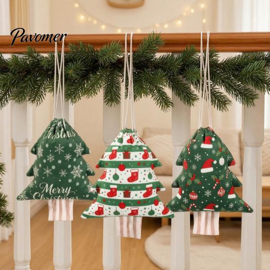 Seasonal Home Decor Christmas Tree Shaped Drawstring Gift Bags, Xmas Hanging Treat Sacks, Small Item Storage Pouches Holiday Candy for Decorations