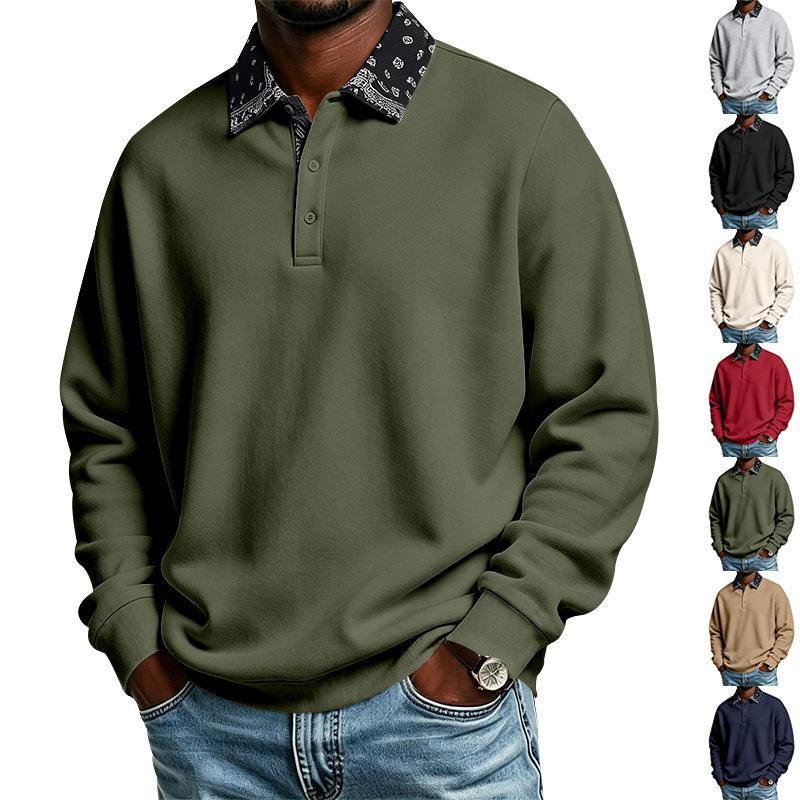 Mens Paisley Pattern Fleece Long Sleeve Polo Shirt American High Street Style