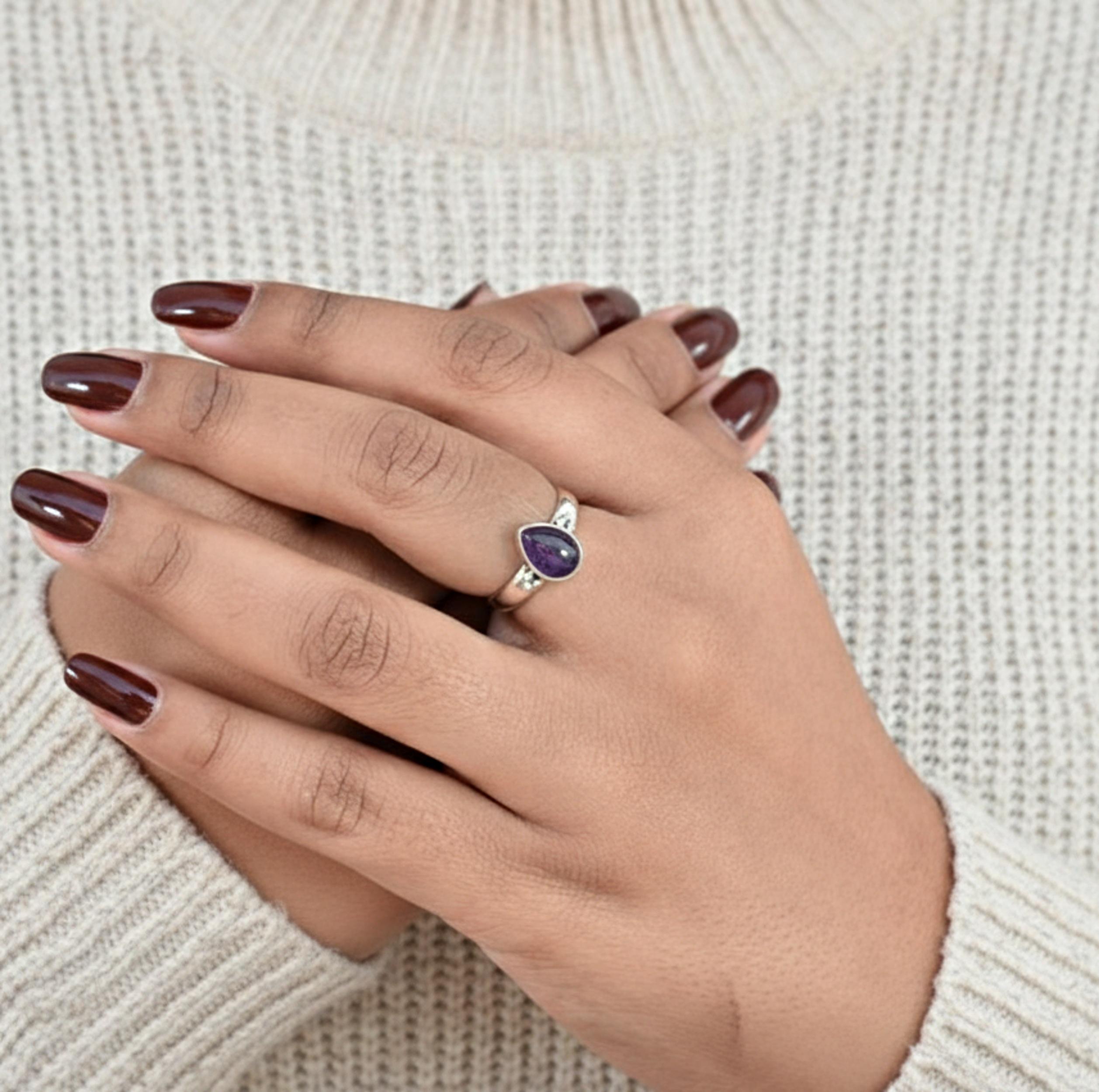 

Pear Shape Purple Amethyst Statement Ring, 925 Sterling Silver, Minimalist Boho Ring for Women 12 серебряный
